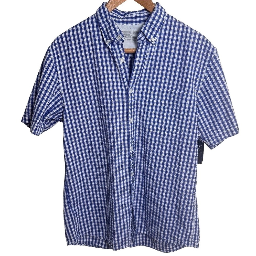 Muji Blue White Gingham Short Sleeve Button Down Shirt Men's Large Cotton